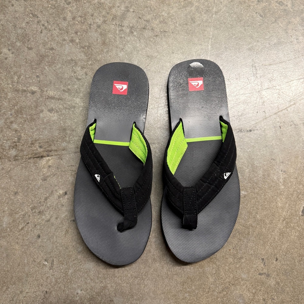 Quiksilver Mens Flip Flop Sandals Black Grey Neon Green Thong Beach Shoes 11.5in